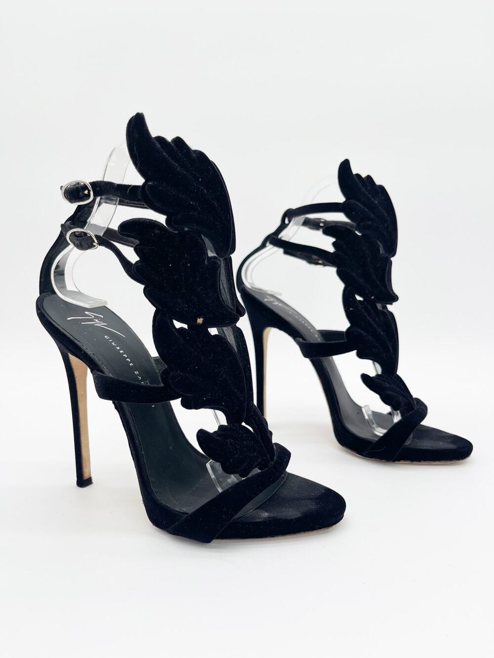 Giuseppe Zanotti Cruel Summer Black Velvet Wing Stiletto Sandals Heels IT 37